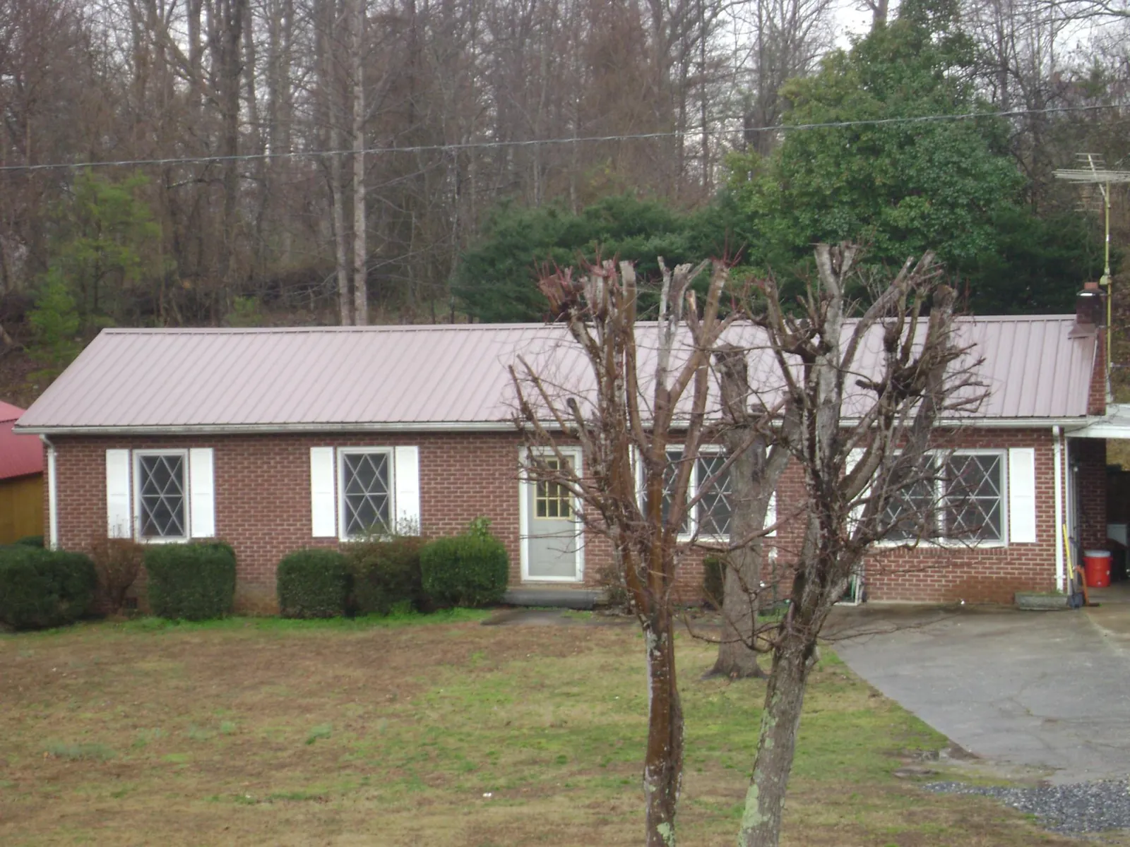 Mauve metal roof on a brick ranch home behind bare trees in Jamestown