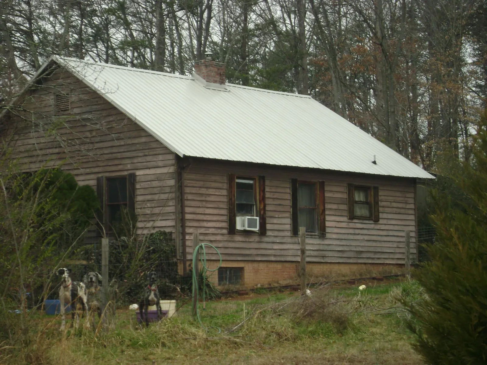 White metal roof on an old wood sided farmhouse, from a Metal Roof Installation job in Jamestown